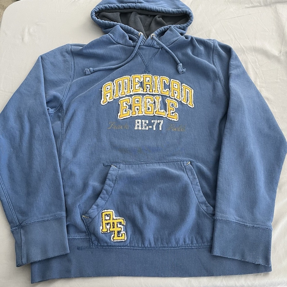 Y2K American Eagle Hoodie Size XL BLUE Embroidered Varsity Sweatshirt 00s